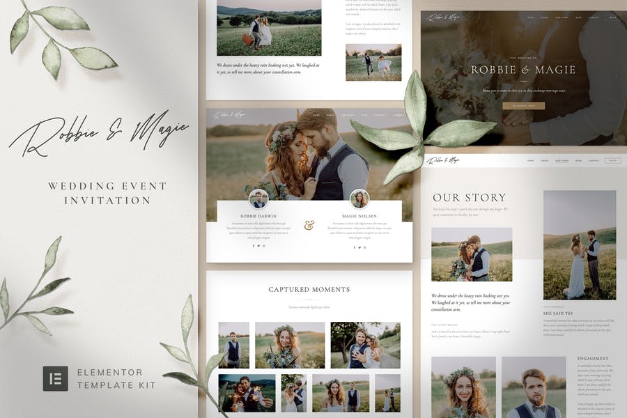 Robbie & Magie — Kit de plantillas Elementor Pro para invitaciones a eventos de boda