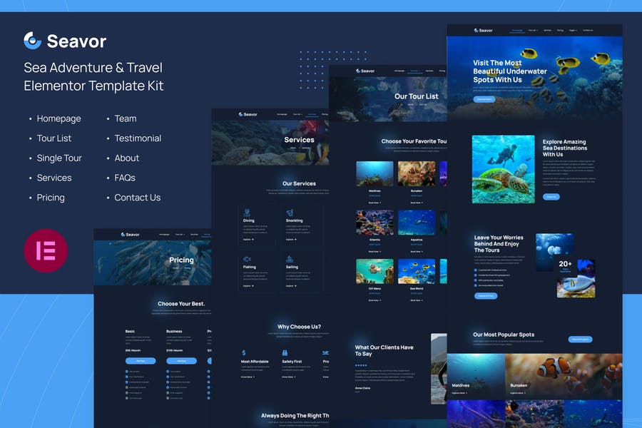 Seavor | Kit de plantillas Elementor para aventuras marinas y viajes