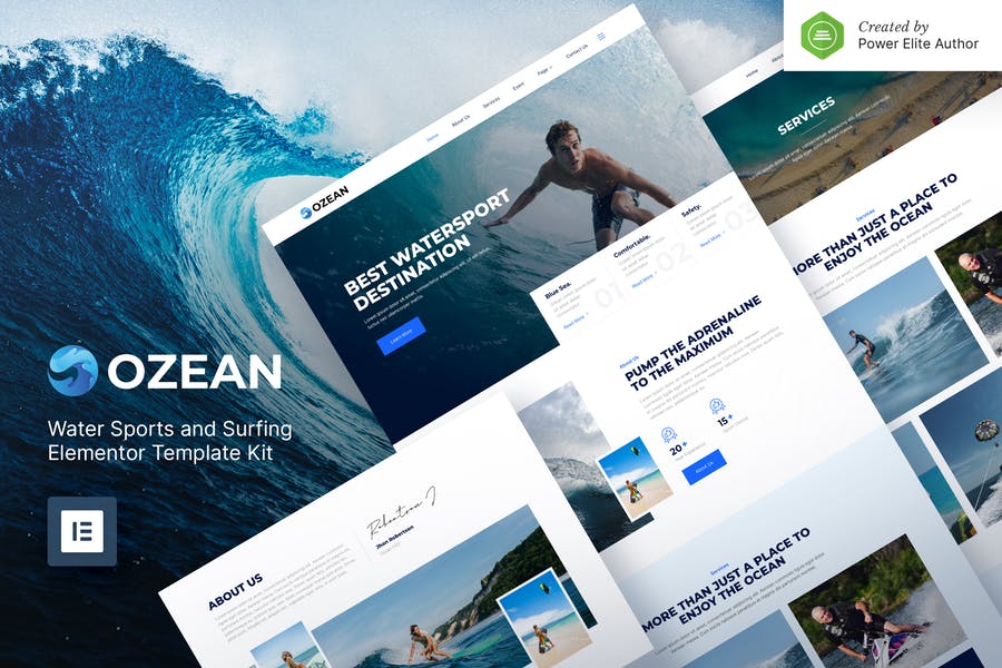 Ozean — Kit de plantillas Elementor para deportes acuáticos y surf