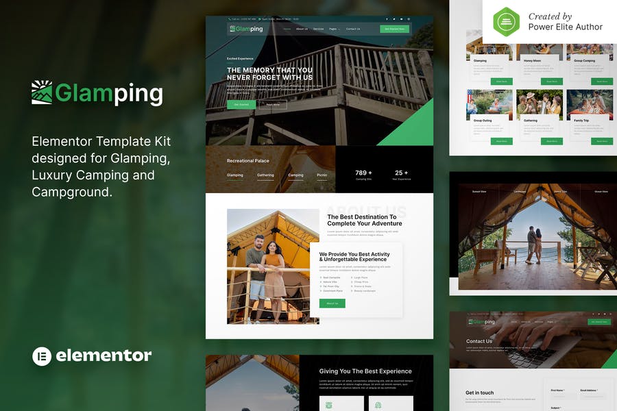 Glamping — Kit de plantillas Elementor para campamentos y campamentos de lujo