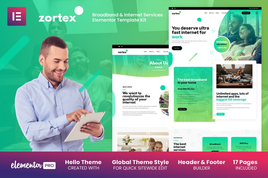 Zortex - Kit de plantillas Elementor Pro para servicios de banda ancha e Internet