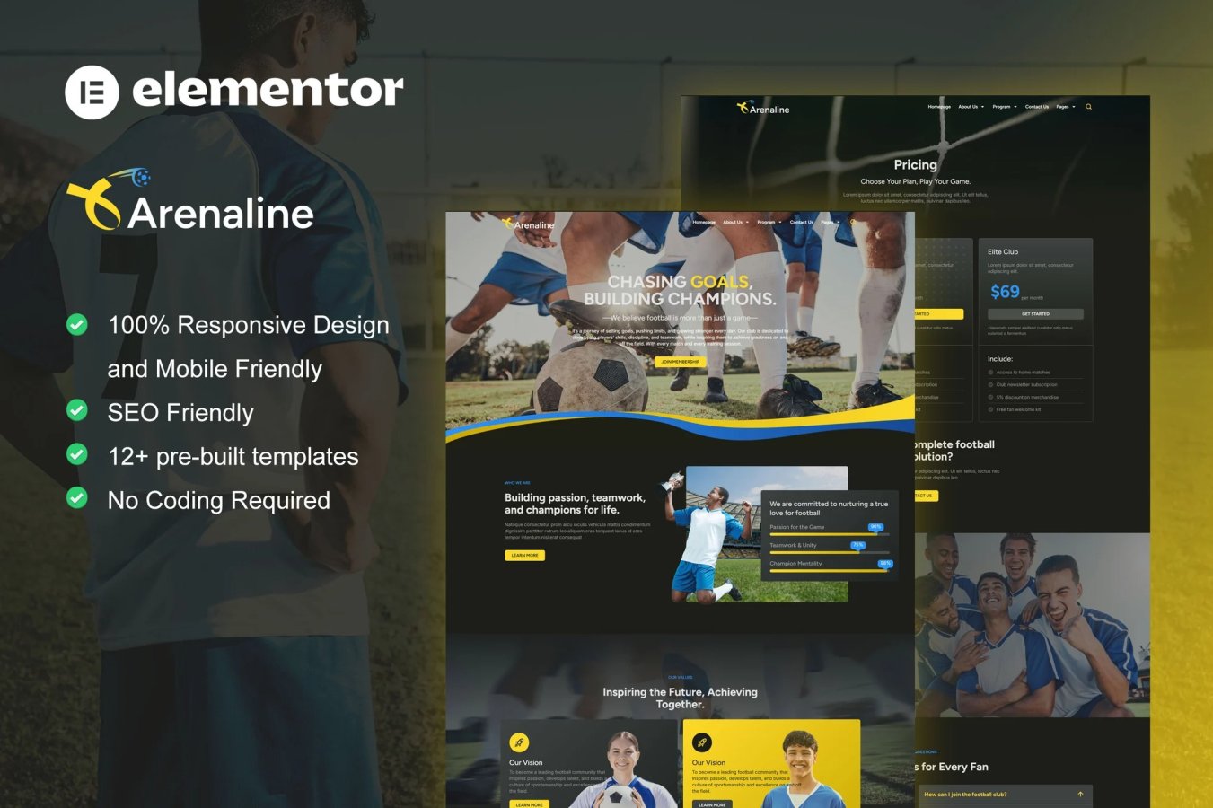 Arenaline - Kit de plantillas Elementor para clubes de fútbol y academias deportivas