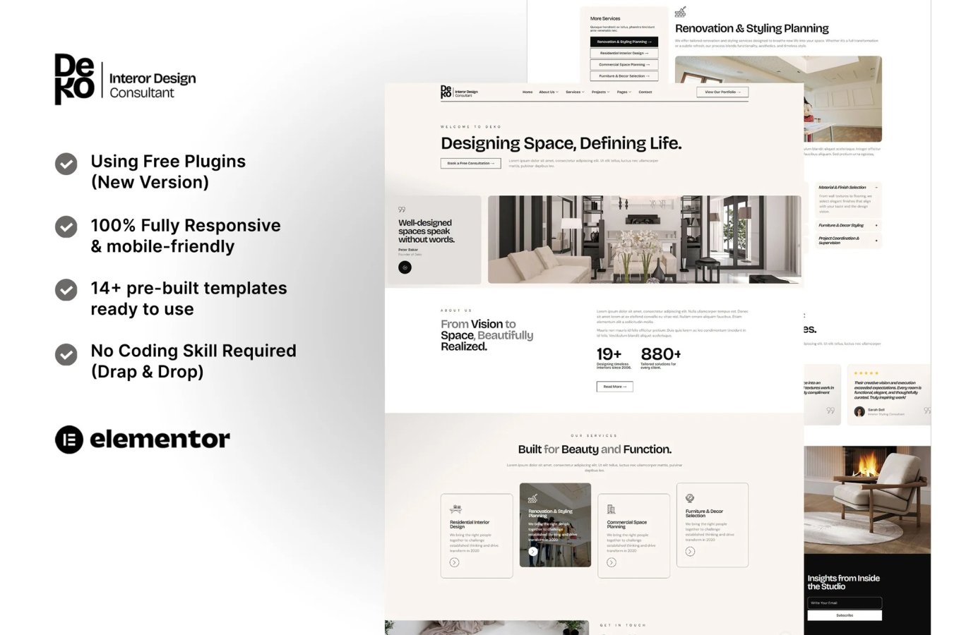 Deko - Kit de plantillas Elementor para consultora de diseño de interiores