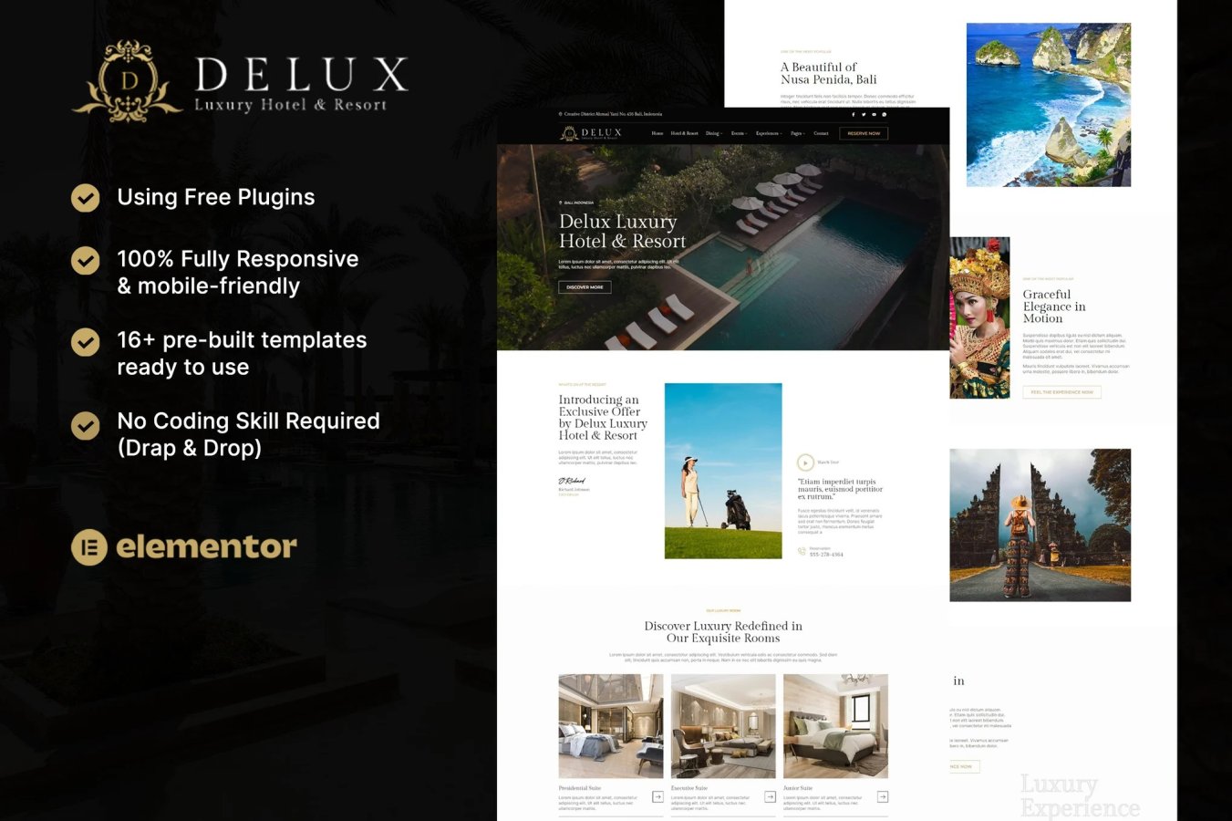 Delux - Kit de plantillas Elementor para hoteles y complejos turísticos de lujo