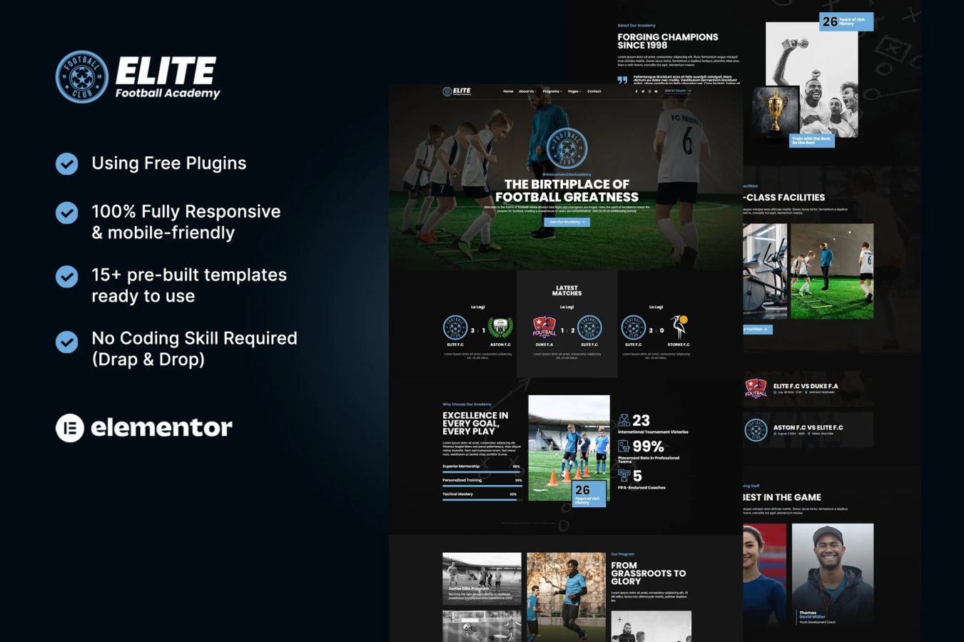 Elite - Kit de plantillas Elementor de Football Academy