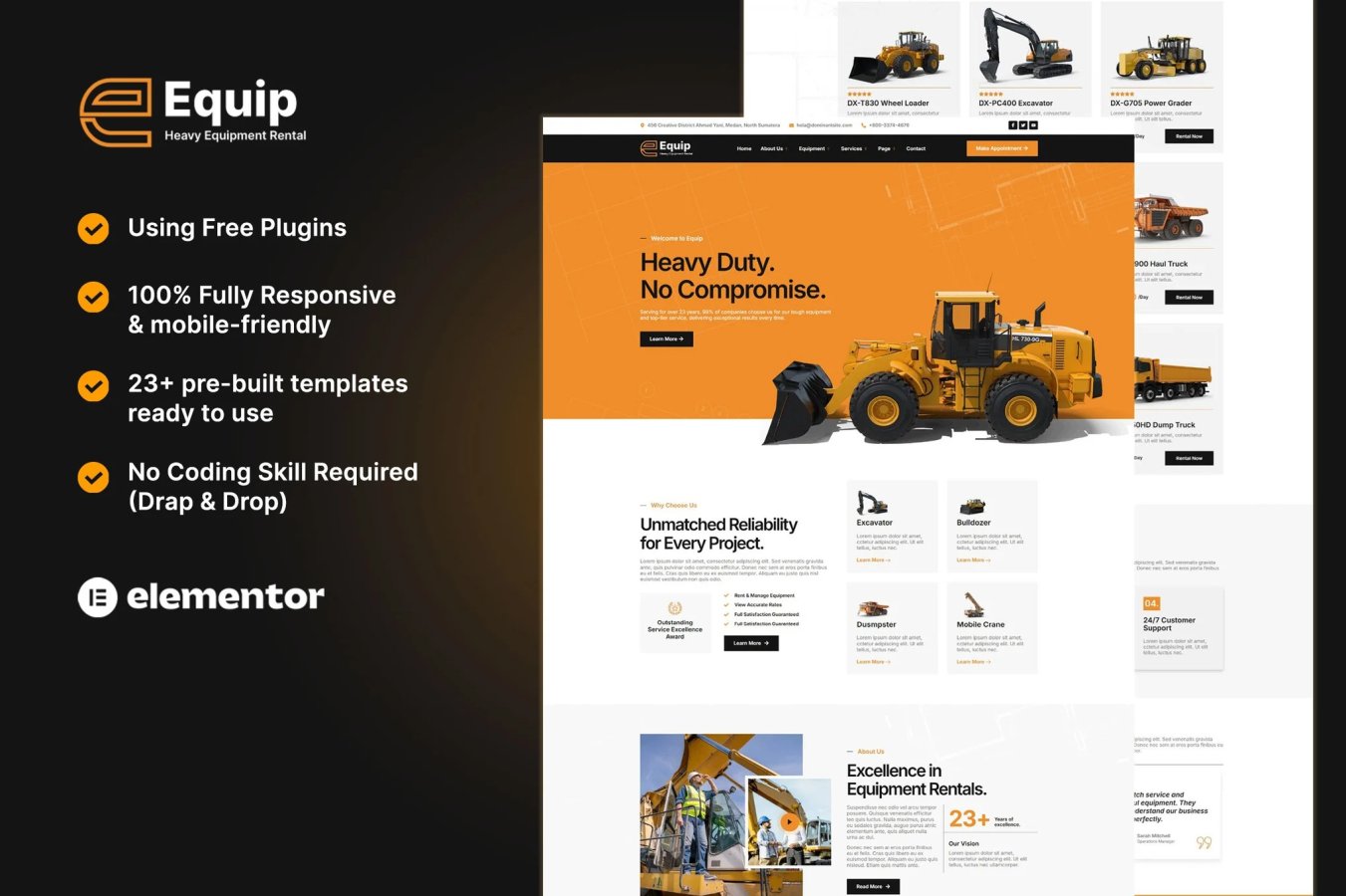 Equip - Kit de plantillas Elementor para alquiler de equipo pesado