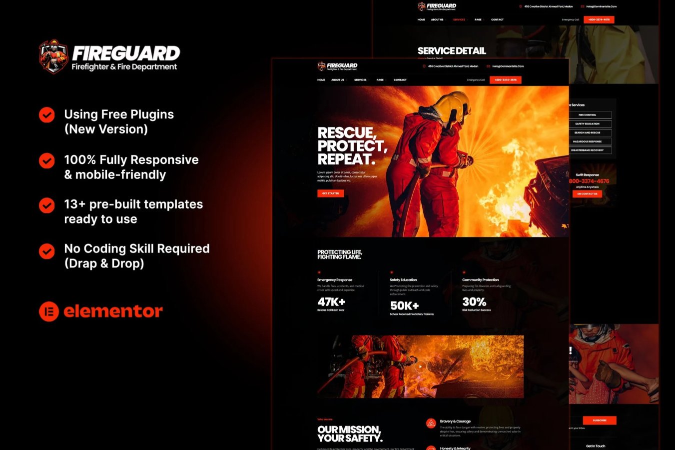 FireGuard - Kit de plantillas Elementor para bomberos y bomberos