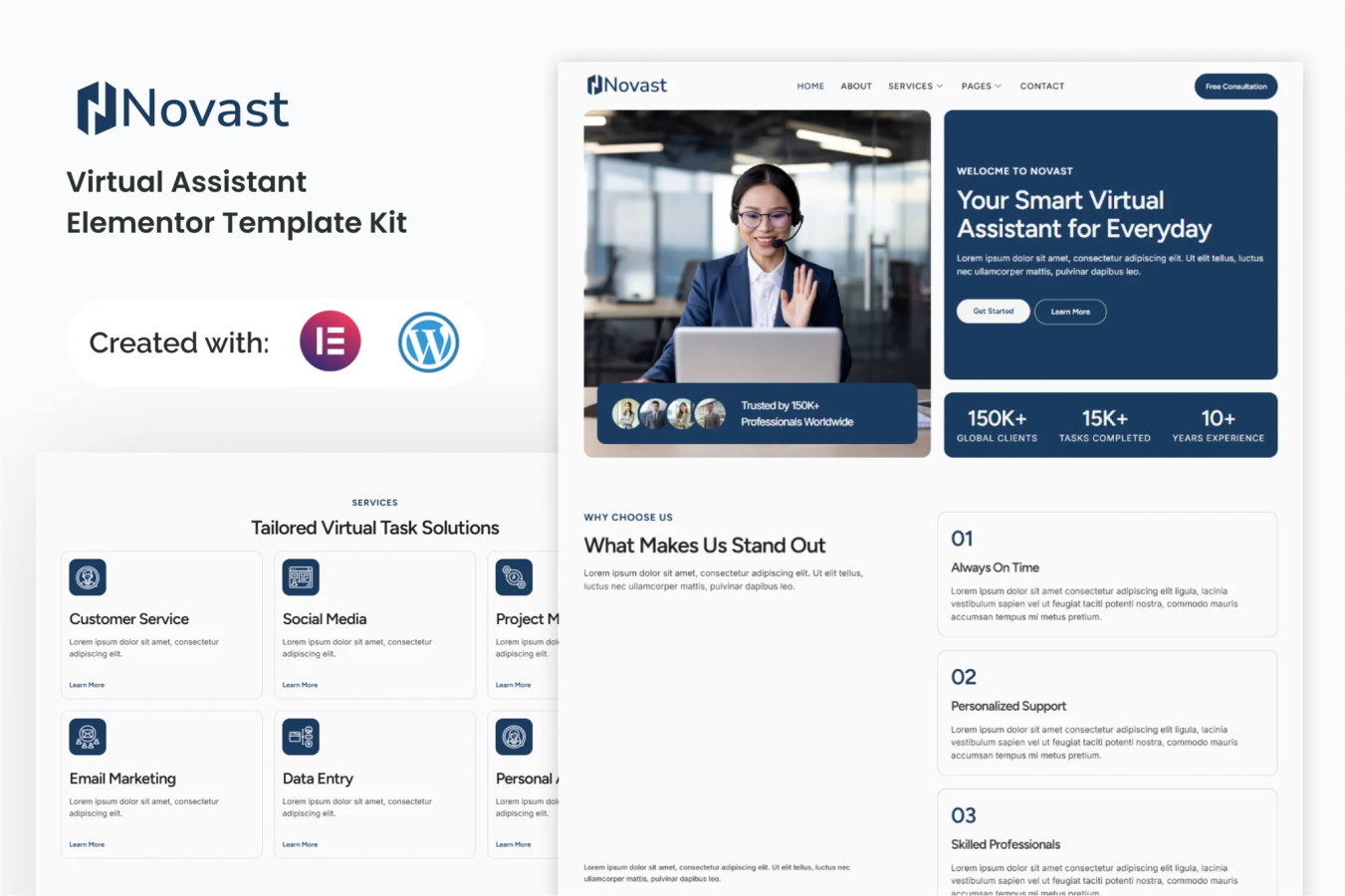 Novast - Kit de plantillas Elementor para asistente virtual