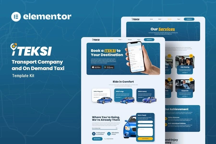 Iteksi - Kit de plantillas Elementor para empresas de transporte y aplicaciones de taxi