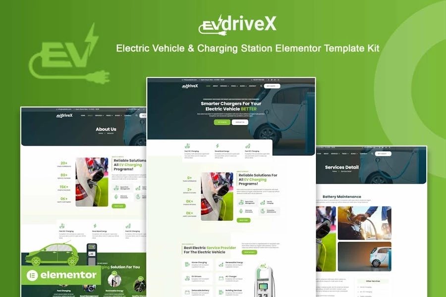 EVDriveX - Kit de plantillas Elementor para vehículos eléctricos y estaciones de carga