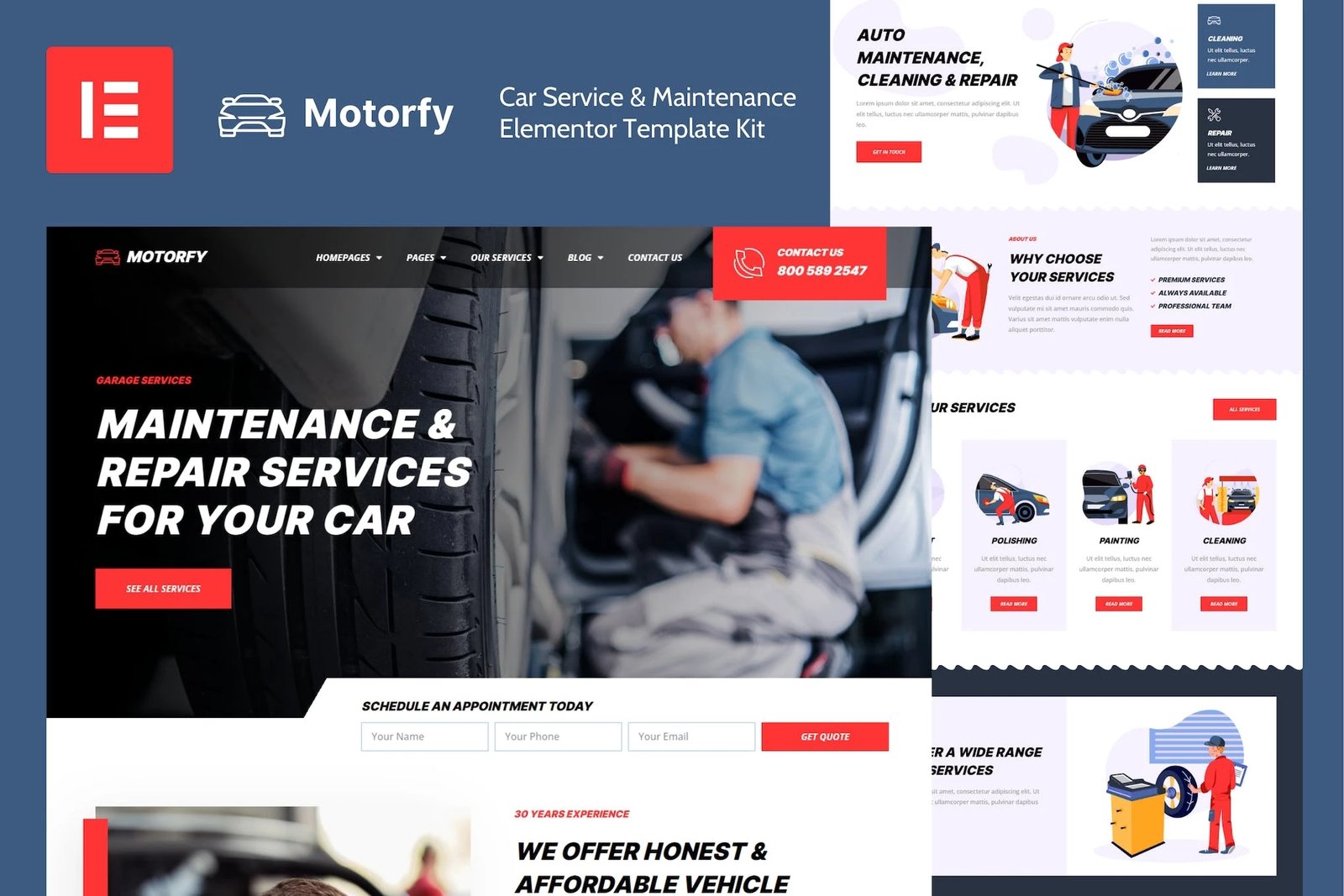 Motorfy - Kit de plantillas Elementor Pro para servicio y mantenimiento de automóviles