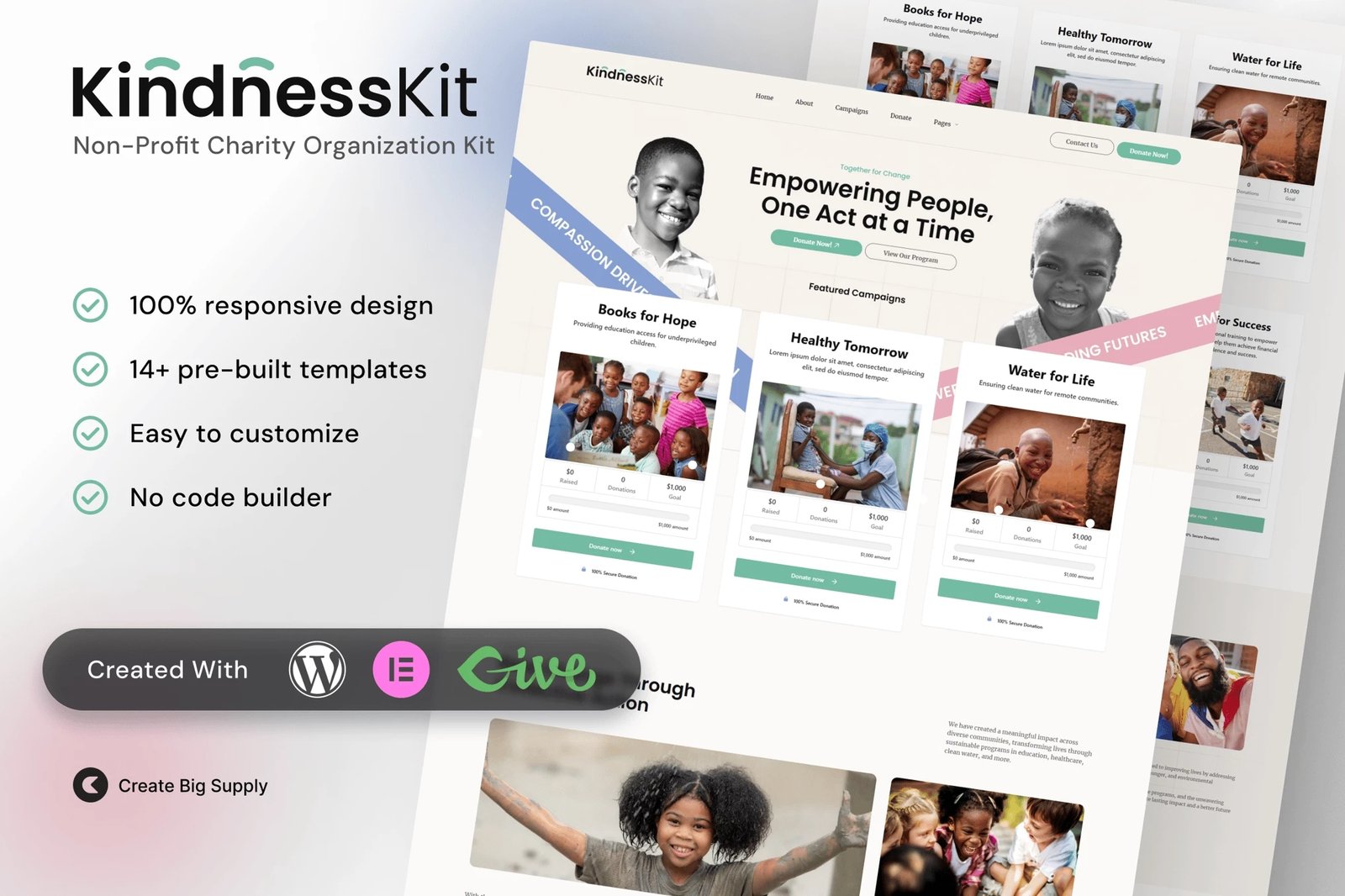 KindnessKit - Kit de plantillas Elementor para organizaciones benéficas y sin fines de lucros