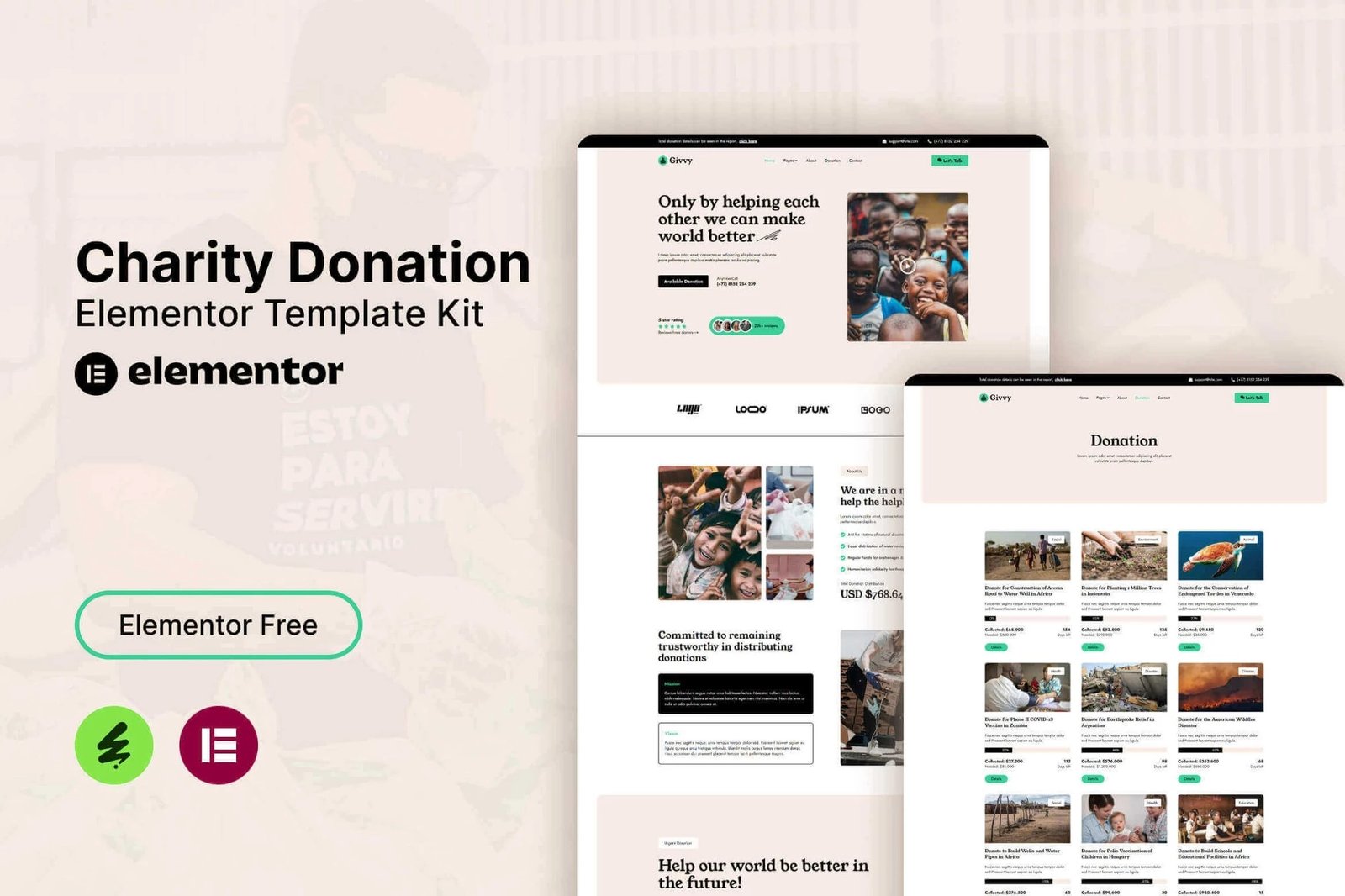 Givvy - Kit de plantillas Elementor para donaciones benéficas
