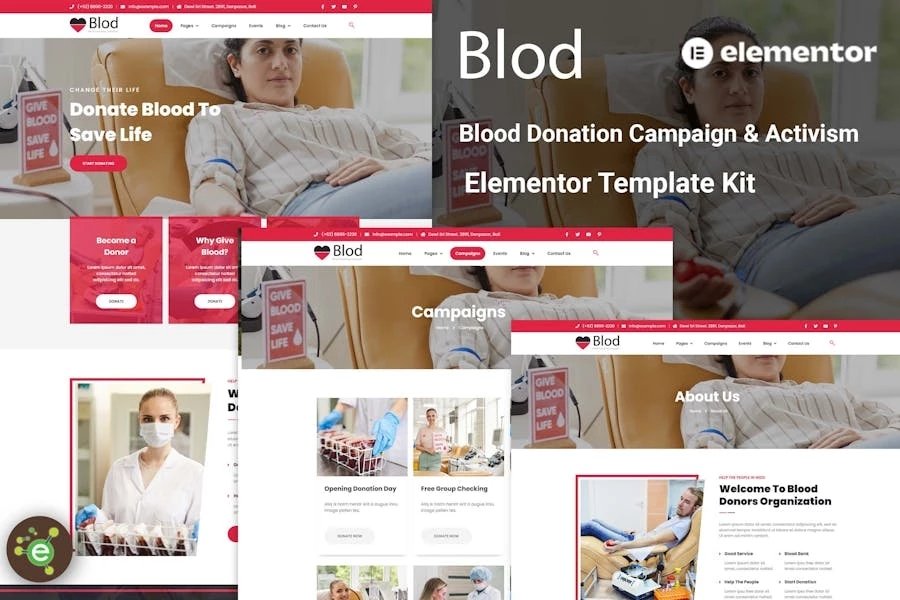 Blod - Template Kit Elementor para campañas de donación y campaña de donación de sangre