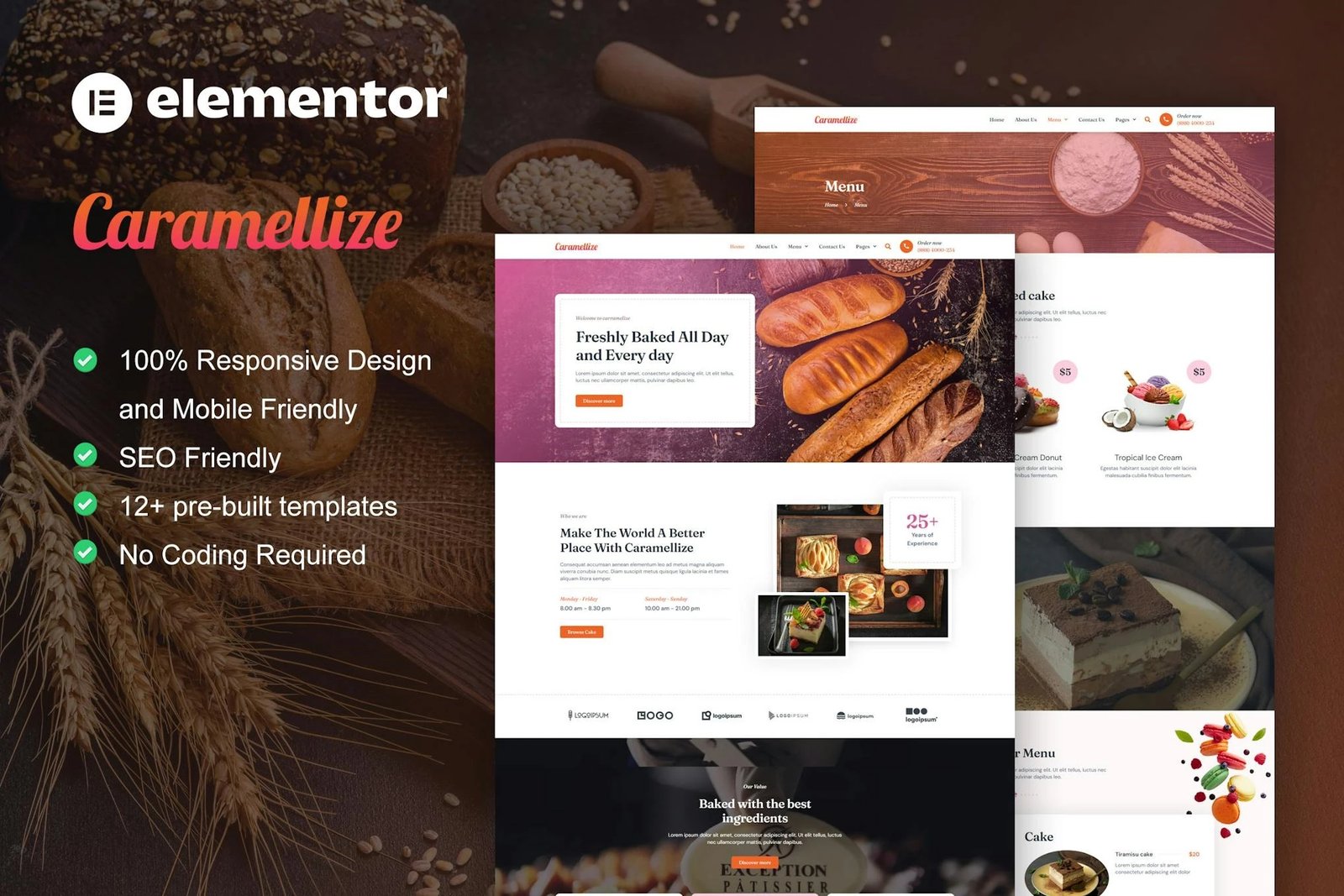 Caramellize - Kit de plantillas Elementor Pro para panadería y pastelería