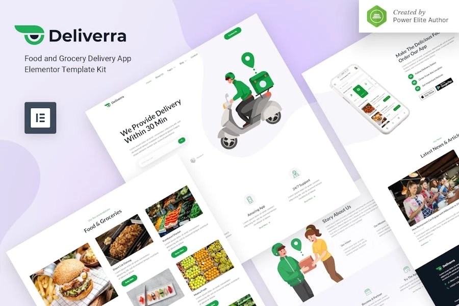 Deliverra - Template Kit Elementor de aplicación de entrega de alimentos y comestibles
