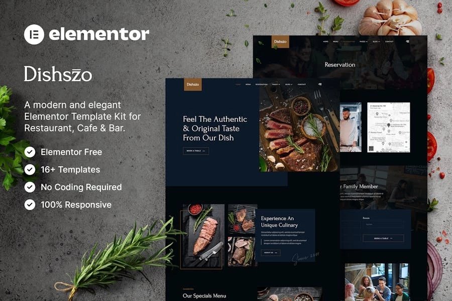 Dishszo Template Kit Elementor para restaurantes y cafés