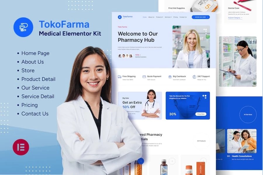 TokoFarma - Kit de plantillas Elementor para tienda de medicamentos de comercio electrónico