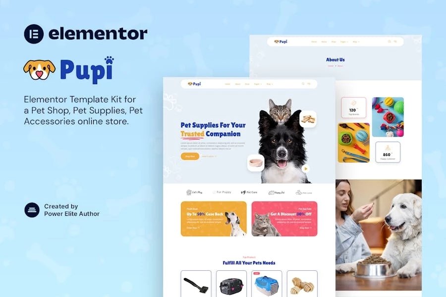 Pupi - Template Kit Elementor para tienda de mascotas y suministros para mascotas