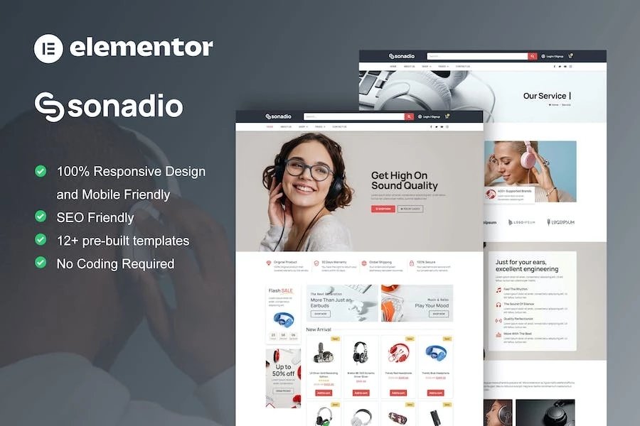 Sonadio - Template Kit Elementor Pro para tienda de audio de Woocommerce