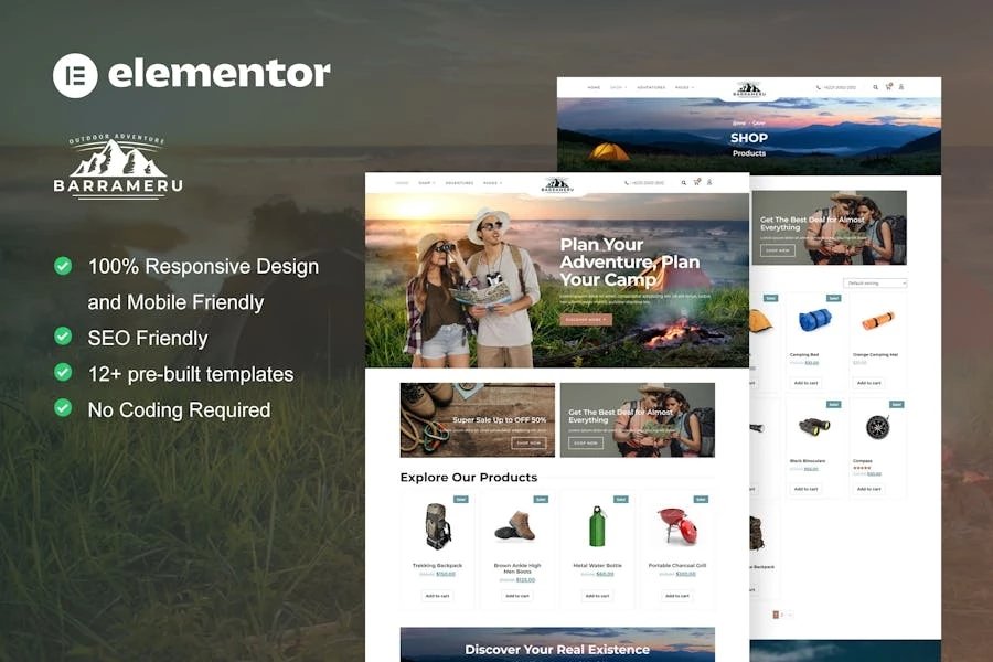 Barrameru - Template Kit Elementor Pro para tienda de acampada y aventura