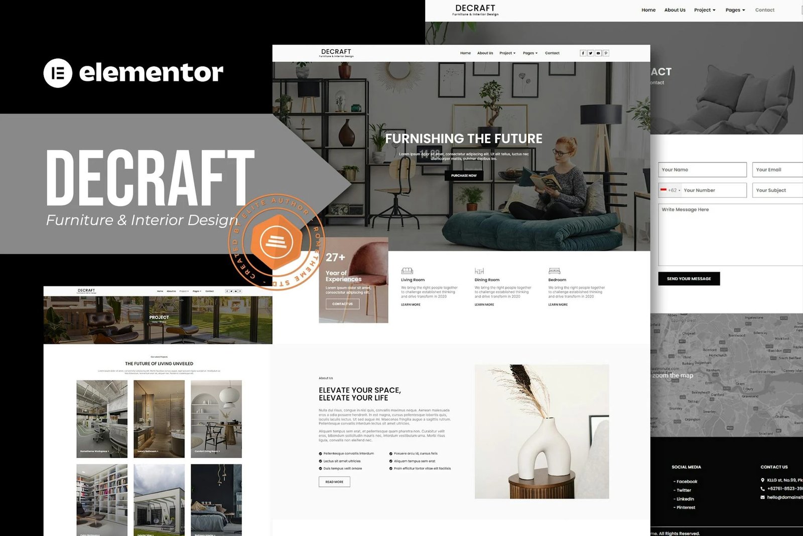 Decraft - Kit de plantillas Elementor para diseño de muebles e interiores