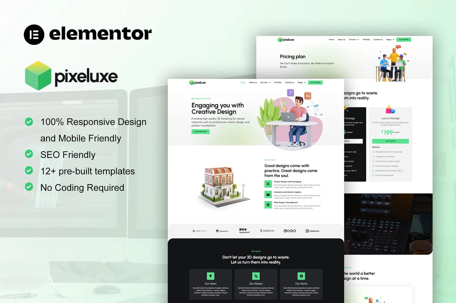 Pixeluxe - Kit de plantillas Elementor Pro para el estudio de diseño 3D