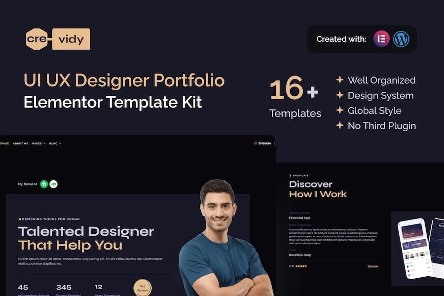 Crevidy - Template Kit Elementor Pro para Porfolio de diseñadores de interfaz de usuario