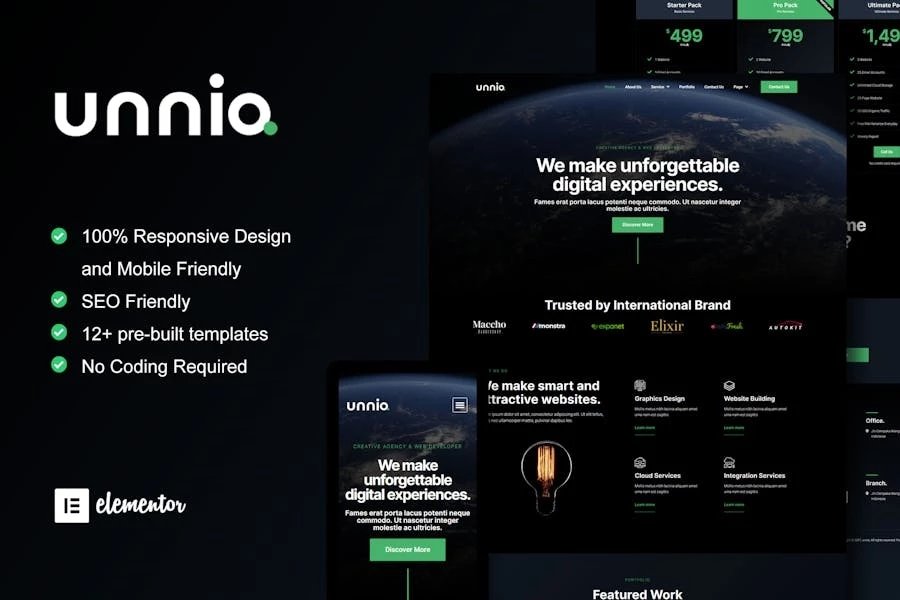 Unniq - Kit de plantillas Elementor para agencia creativa digital oscura
