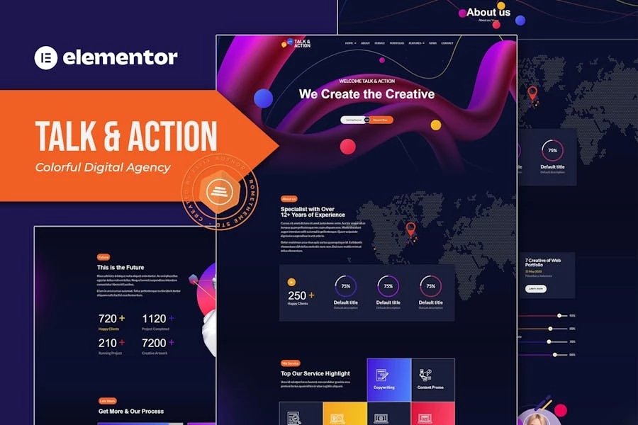 Talk Action - Template Kit coloridas para Elementor de agencia digital
