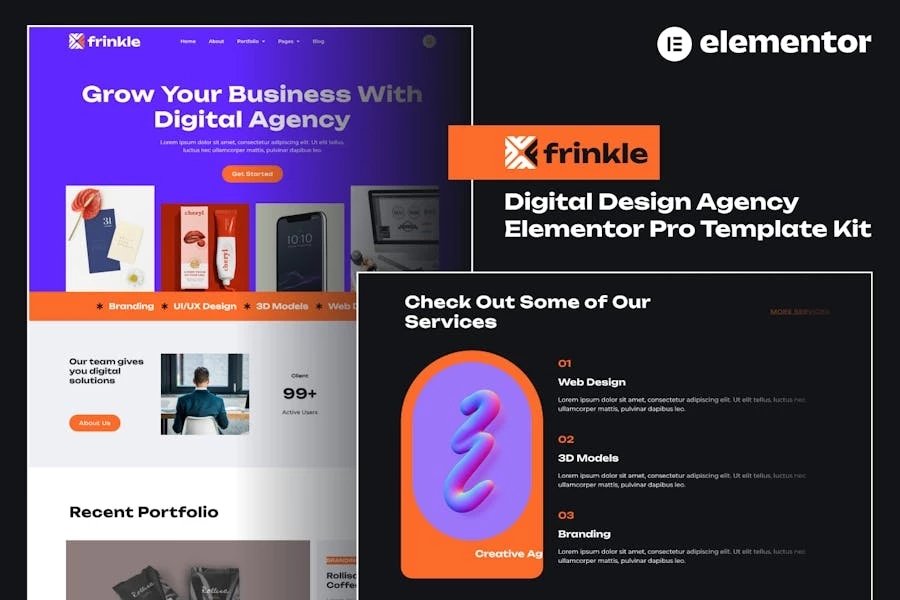 Frinkle - Kit de plantillas Elementor Pro para agencia de diseño digital