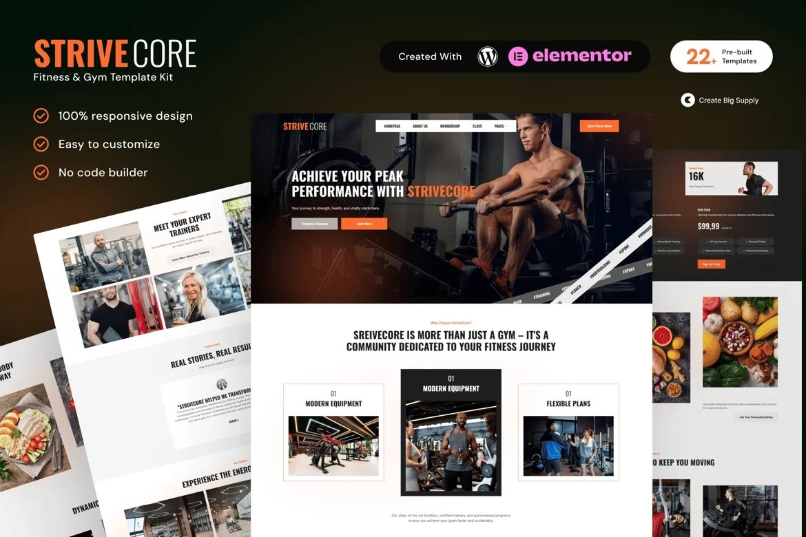 StriveCore - Kit de plantillas Elementor para fitness y gimnasio