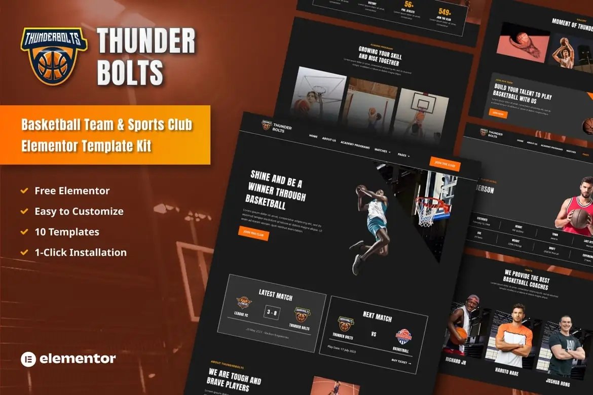Thunderbolts - Kit de plantillas Elementor para equipos de baloncesto y clubes deportivos