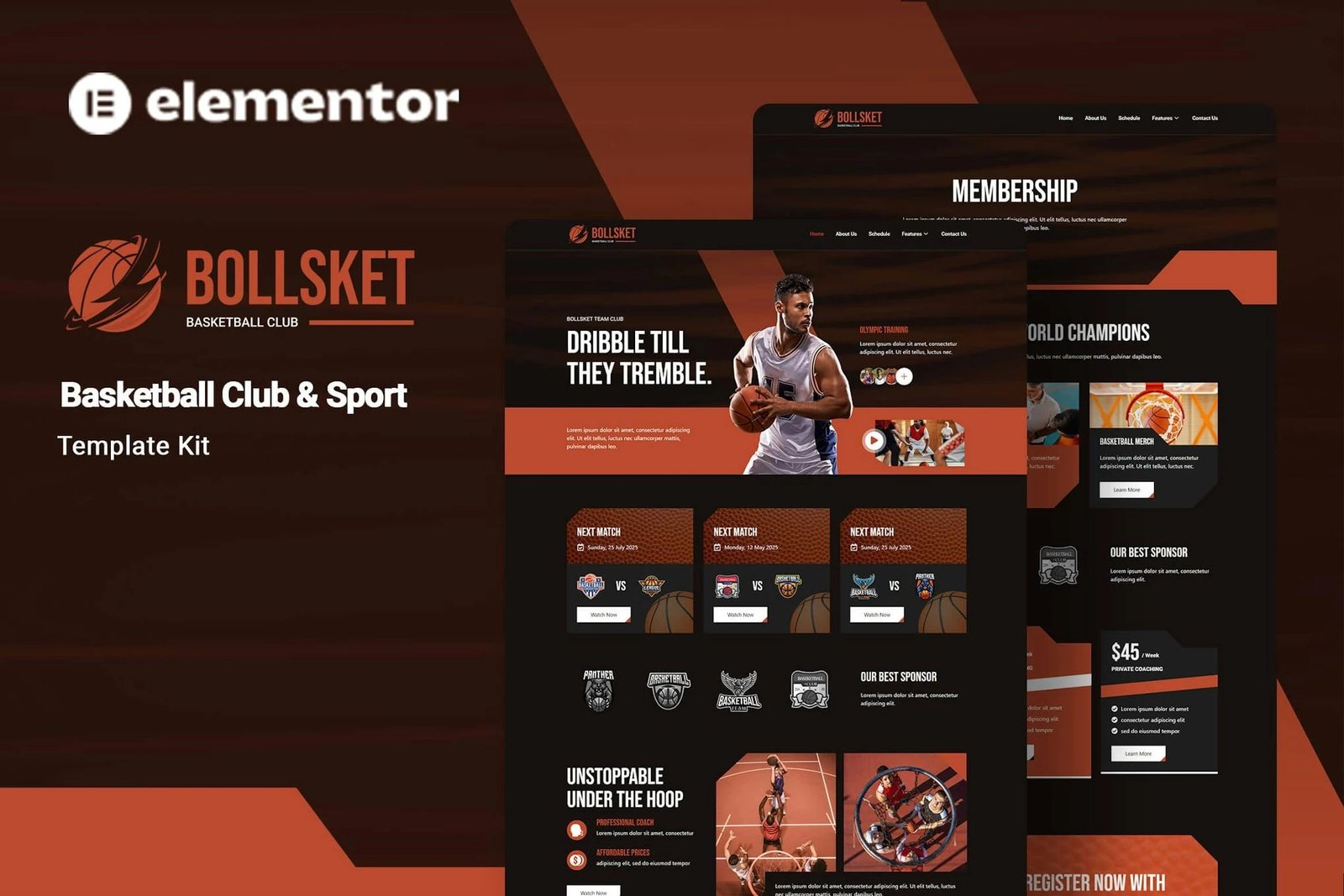 Bollsket - Kit de plantillas Elementor para clubes de baloncesto y deportes