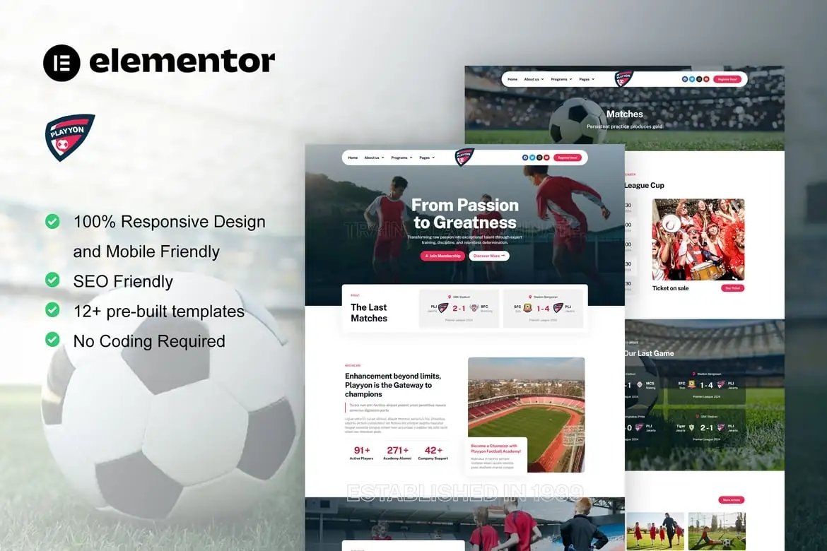 Playyon - Kit de plantillas Elementor Pro para equipos de fútbol y academia deportiva