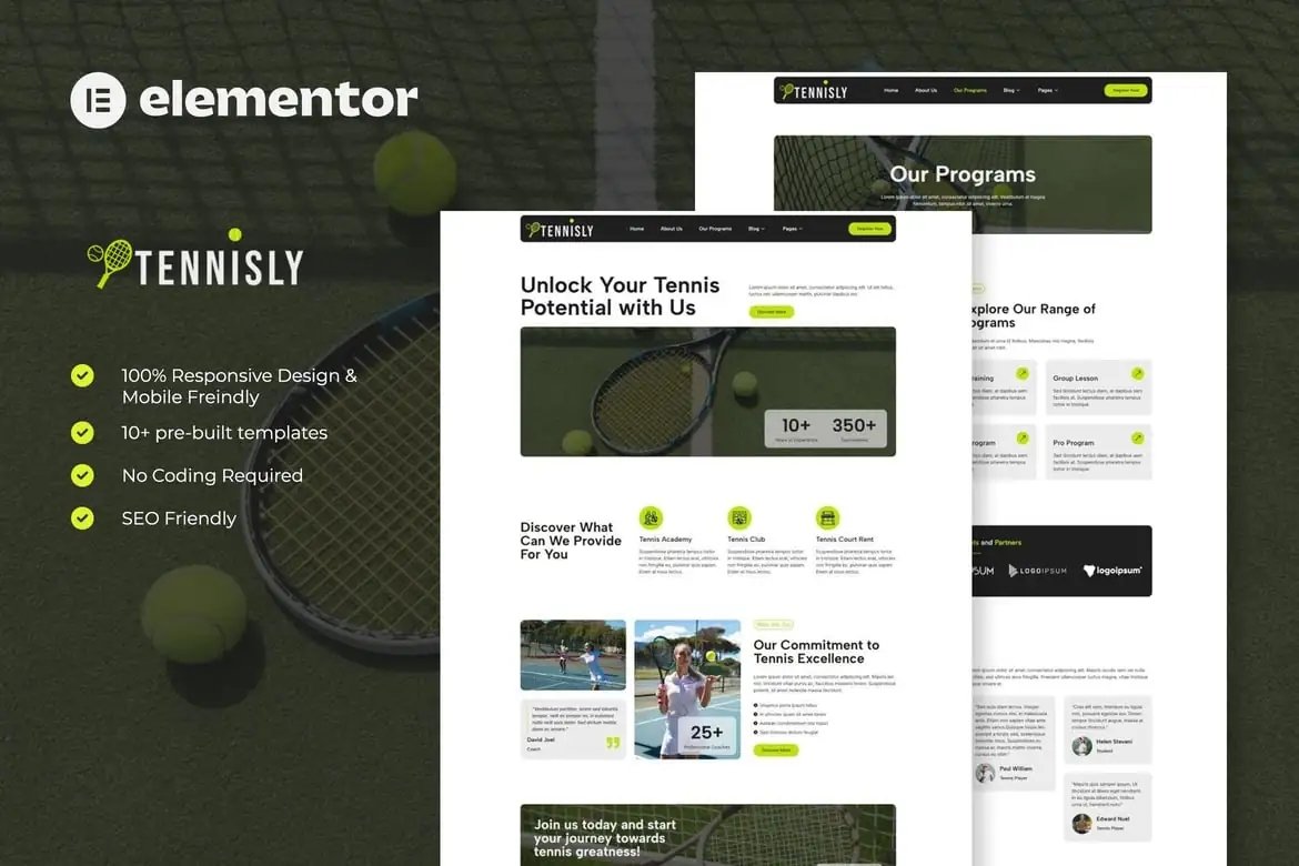 Tennisly - Kit de plantillas Elementor para escuelas de tenis y clubes deportivos