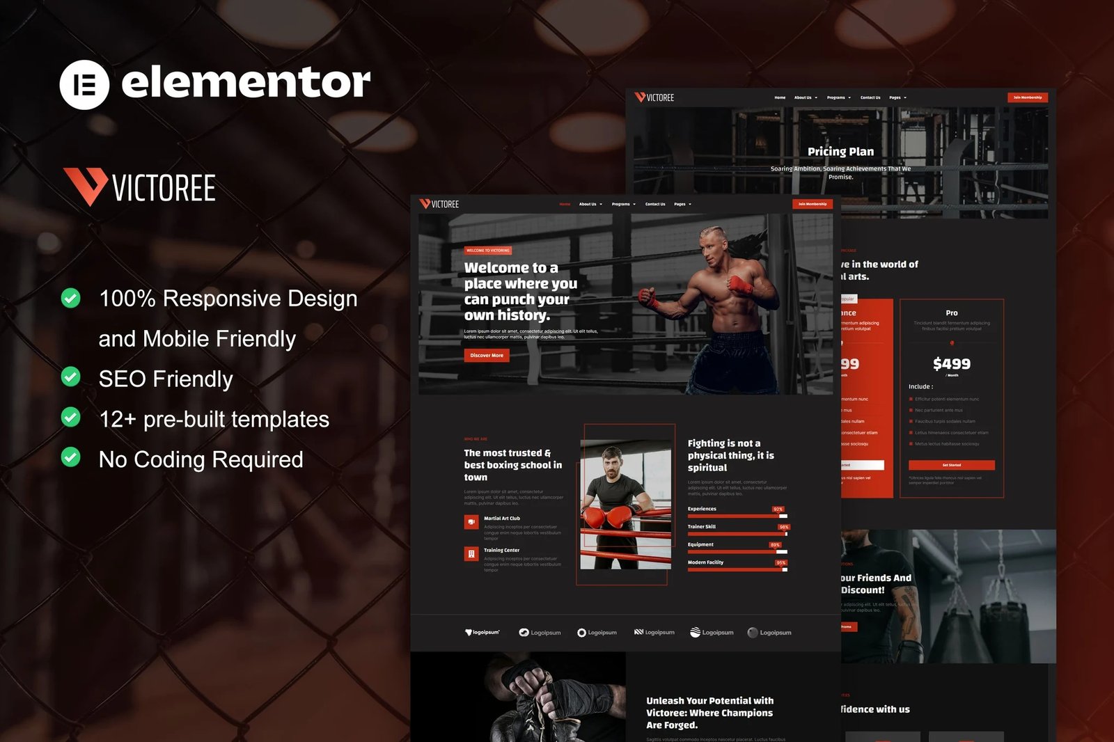 Victoree - Kit de plantillas Elementor Pro para escuelas de boxeo y artes marciales