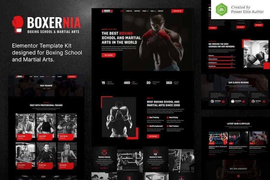 Boxernia Kit de plantillas Elementor para escuela de boxeo y artes marciales