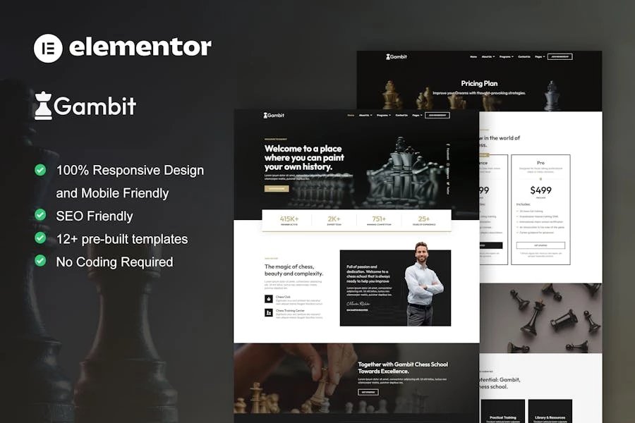 Gambit - Kit de plantillas Elementor para cursos y entrenamiento de clubes de ajedrez