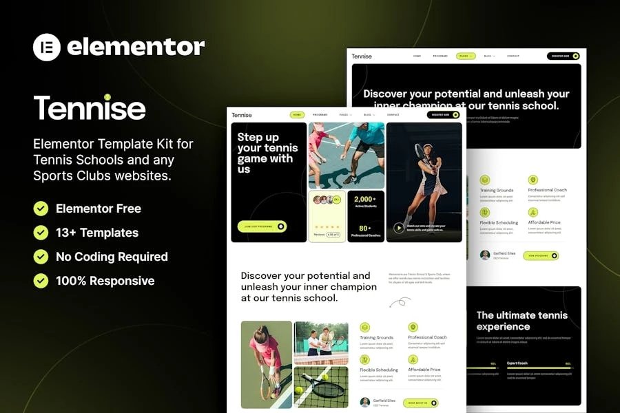 Tennise Template Kit Elementor para escuelas de tenis y clubes deportivos