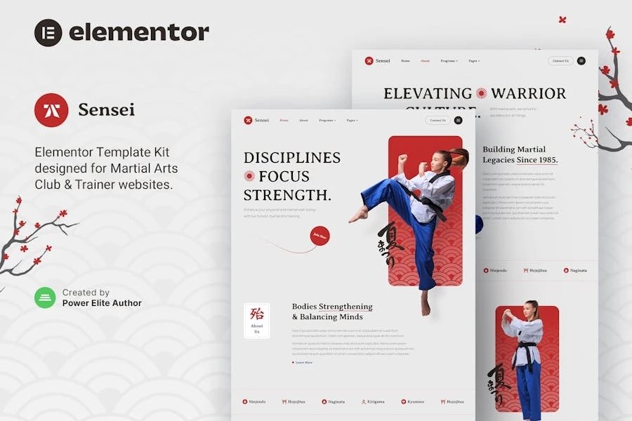 Sensei Template Kit Elementor para clubes de artes marciales y entrenadores