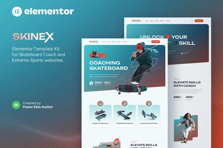 Skinex Template Kit Elementor para entrenadores y clases de skate