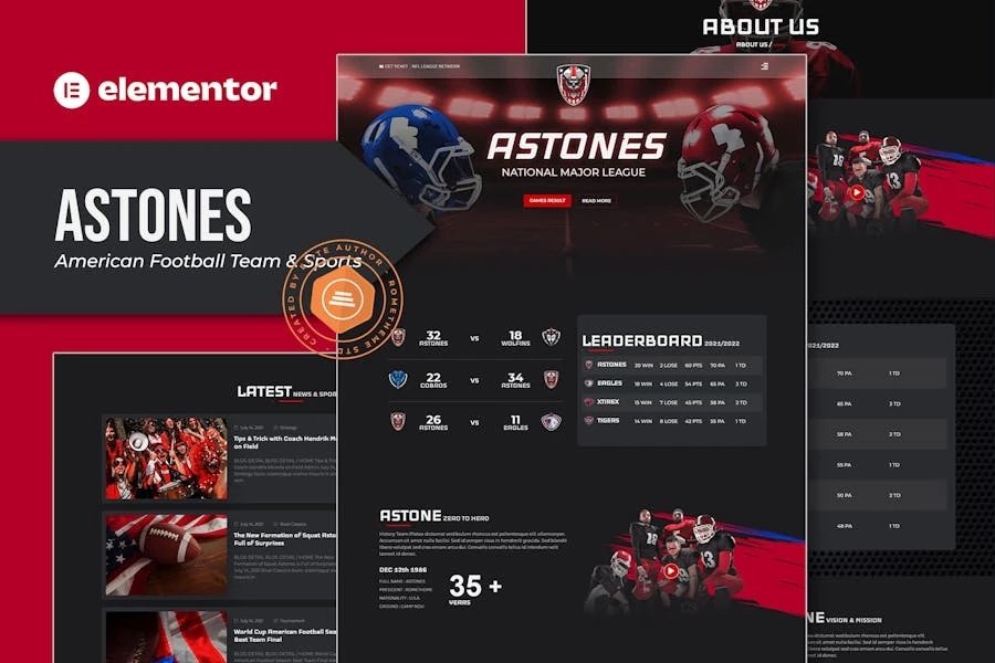 Astones - Template Kit Elementor para equipo de fútbol americano y deportes