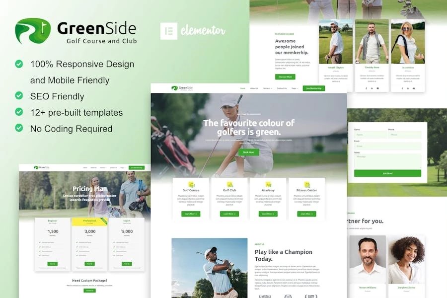 Greenside - Kit de plantillas Elementor para clubes de golf y academias