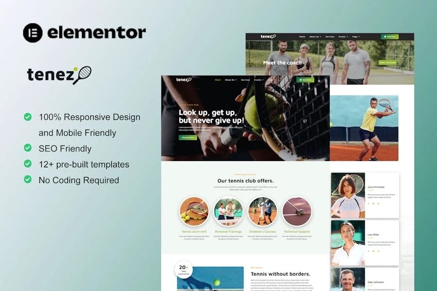 Tenez - Template Kit Elementor de escuela de tenis y club