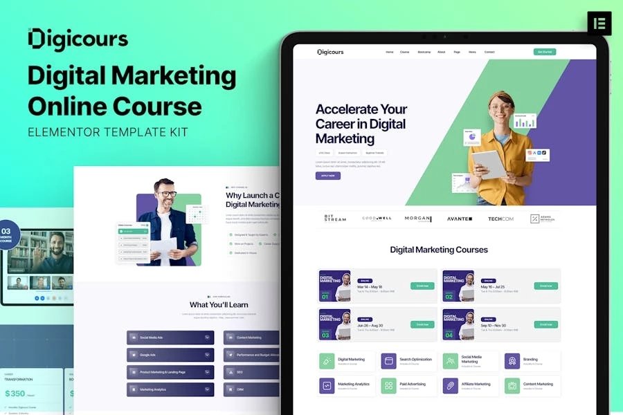 Digicours - Template Kit Elementor para cursos en línea de marketing digital