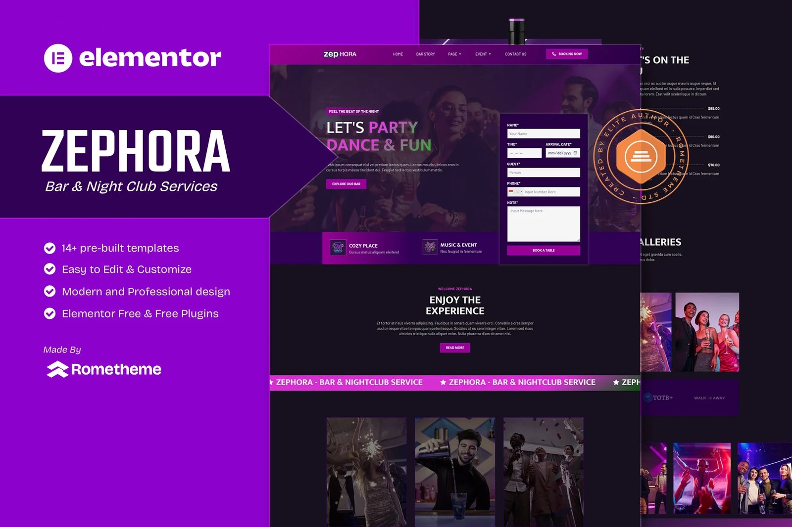 Zephora - Kit de plantillas Elementor para servicios de bares y clubes nocturnos