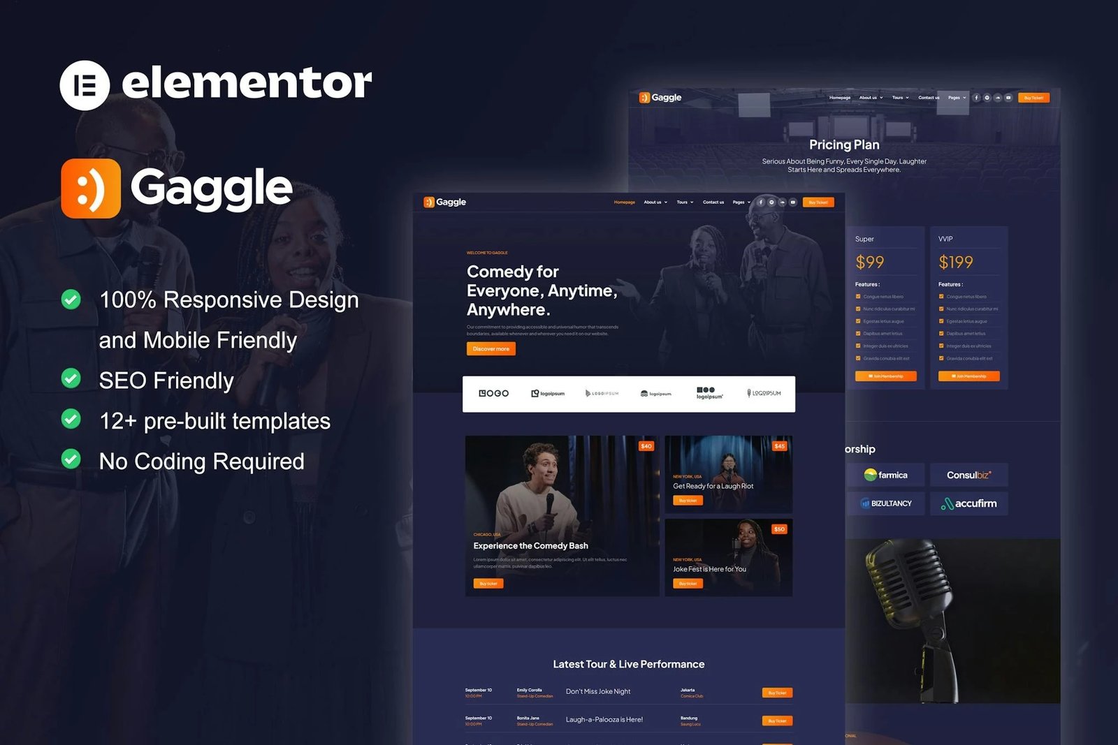 Gaggle - Kit de plantillas Elementor Pro para comediantes y programas de entretenimiento