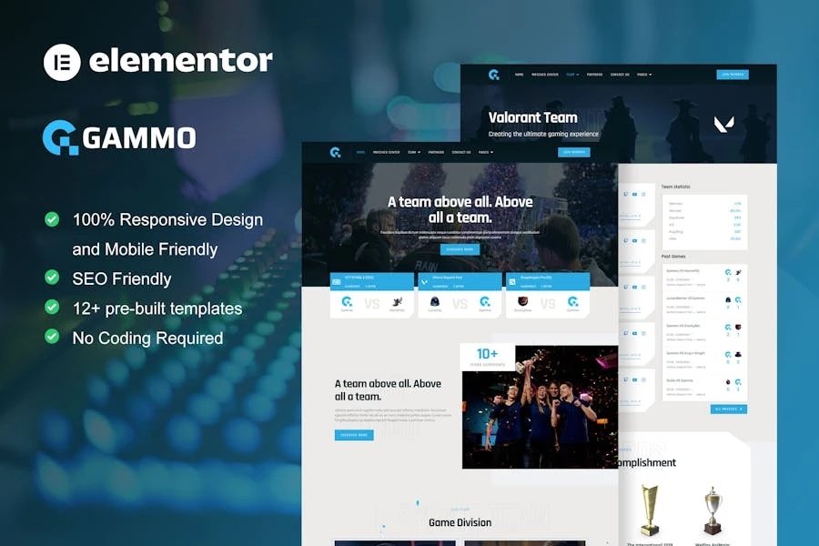 Gammo - Template Kit Elementor Pro para equipos de deportes electrónicos y juegos