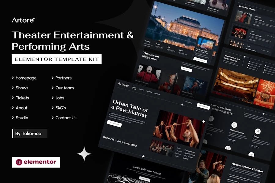 Artore Template Kit Elementor de entretenimiento teatral y artes escénicas